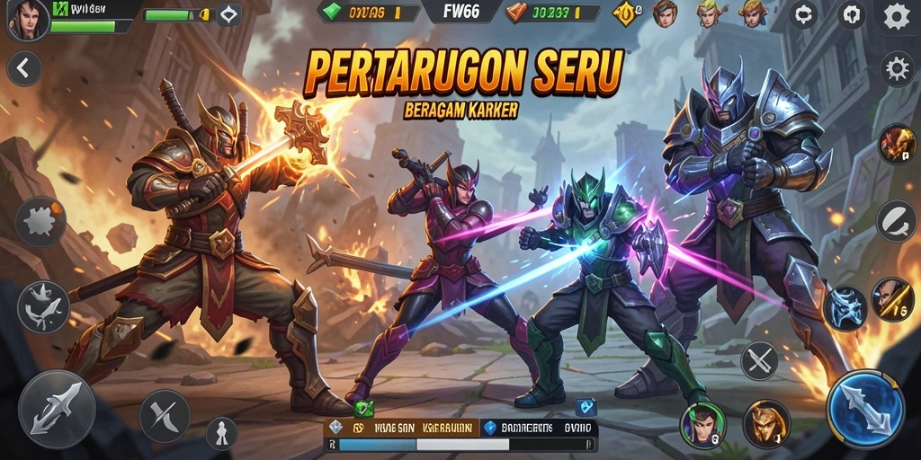 Tampilan gameplay pertarungan seru di FW66 dengan karakter unik.