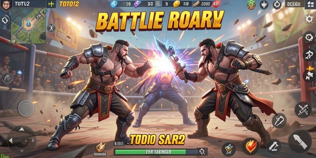 Screenshot gameplay TOTO12 menampilkan pertarungan seru di peta luas.